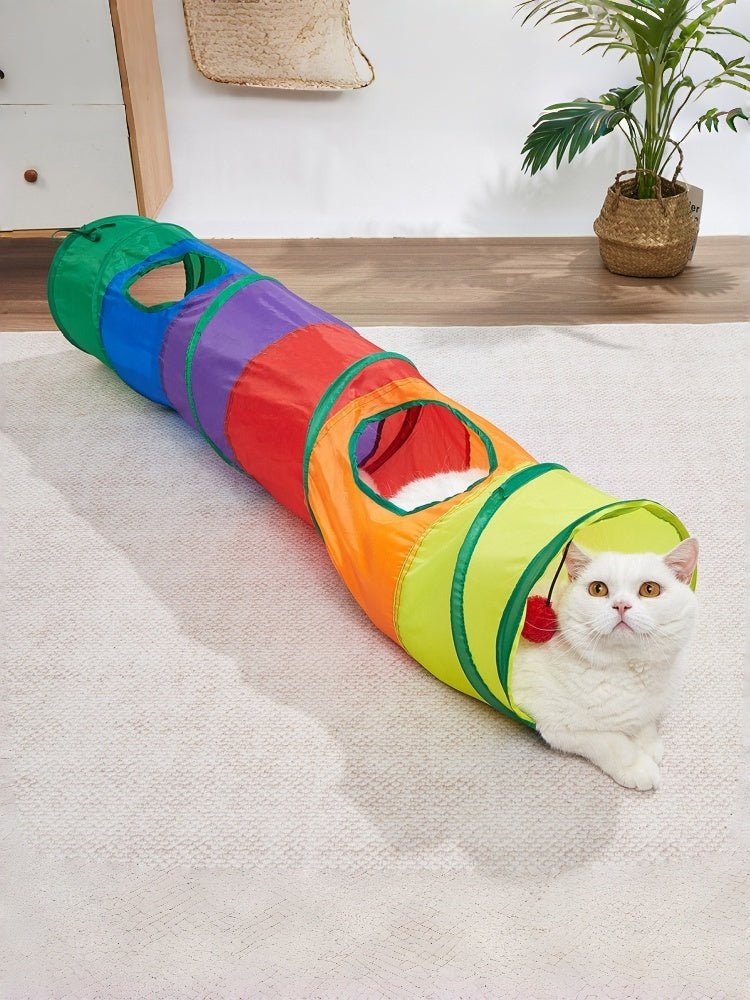 Rainbow Plush Cat Tunnel Toy: Foldable Shapes for Chase, Hide & Pounce