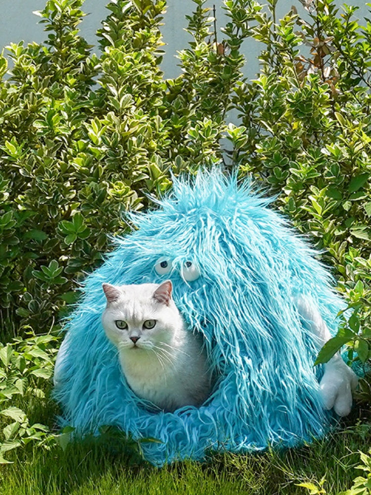 Monster Pet Bed: Semi-Enclosed Plush Cave with Removable Cushion + Anti-Slip Base