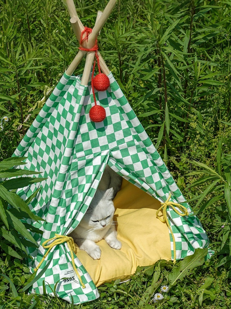 ZEZE Green Gingham Pet Teepee Tent