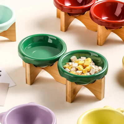 Elevated Porcelain Pet Bowl with Removable Wooden Stand