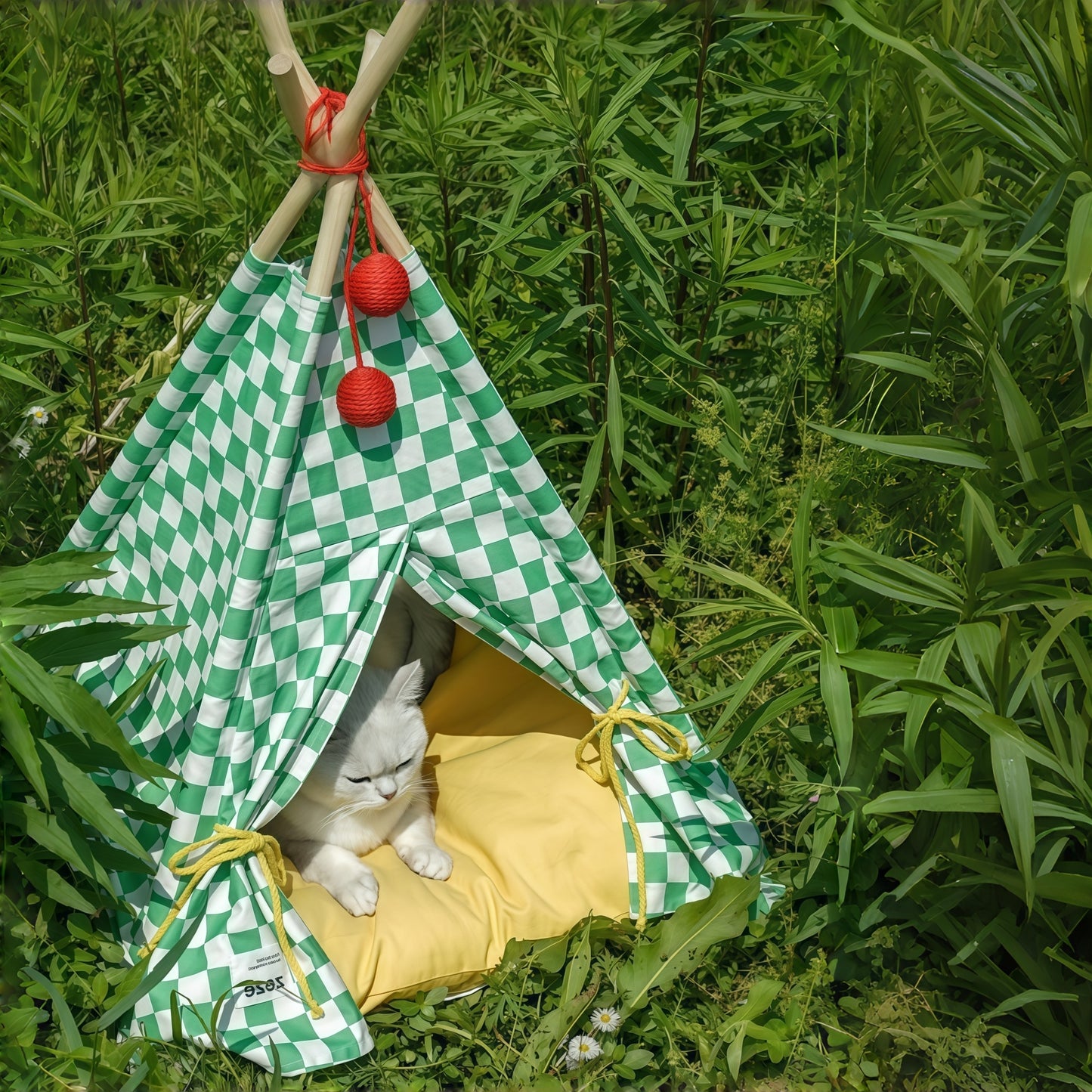 Green Gingham Pet Teepee Tent