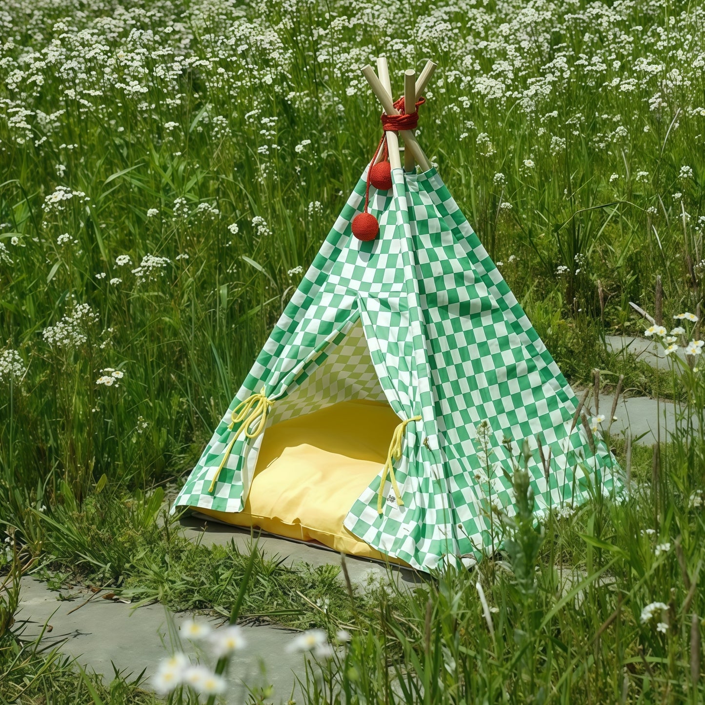 Green Gingham Pet Teepee Tent